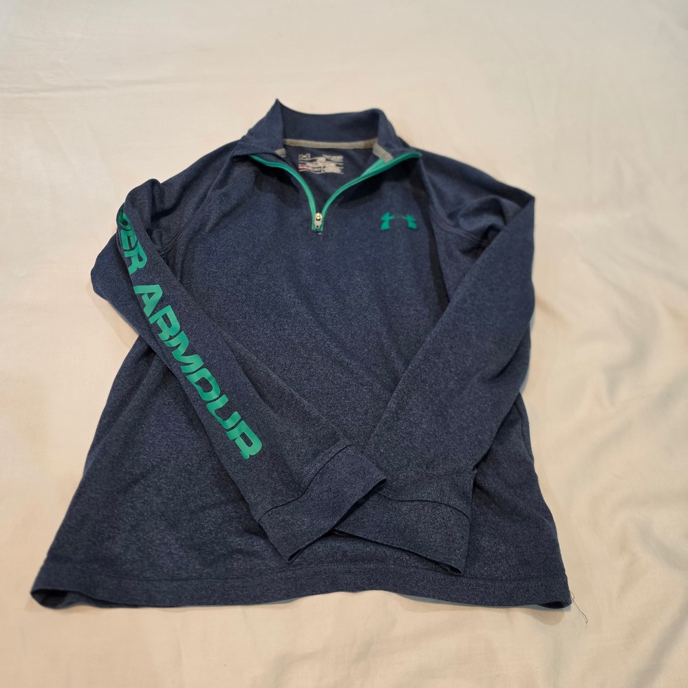 Under Armour 1/4 Zip Pullover Youth Small Blue Good HeatGear Logo Sleeve
